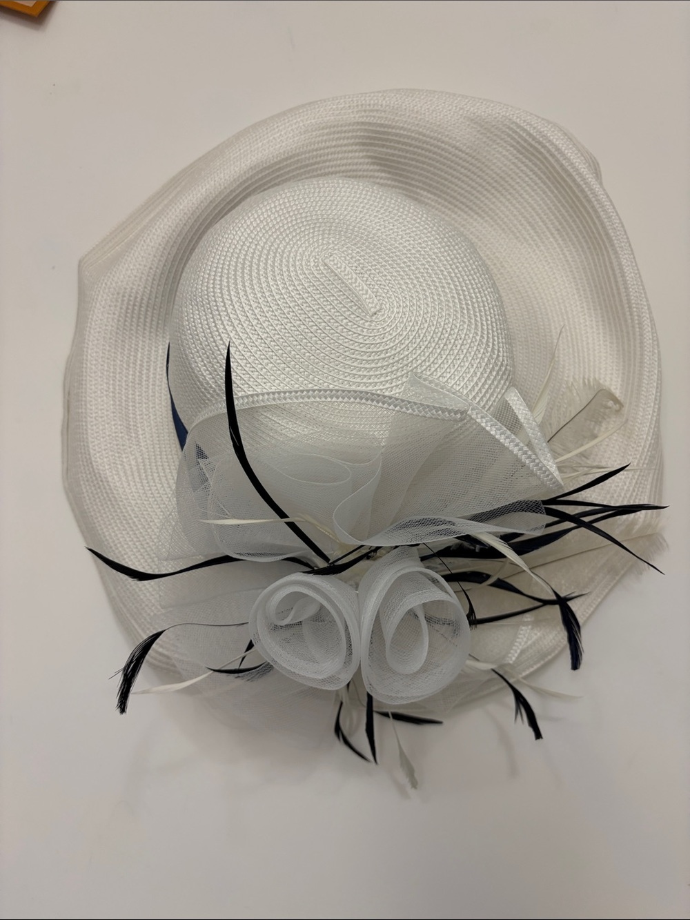 Kate Landry White Straw Hat with Black Feather Accents